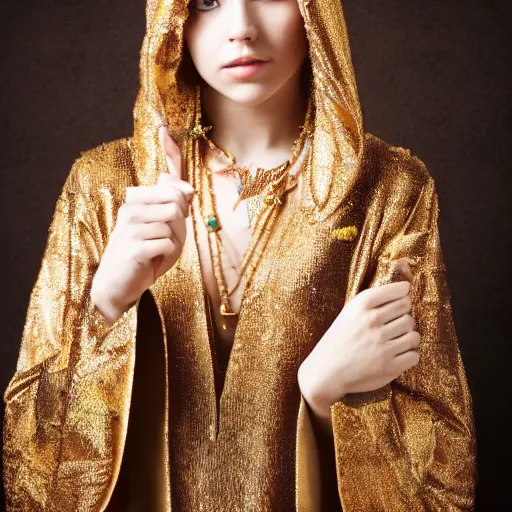 Prompt: a beautiful young female wizard dressed in ornate robes wearing sparkling gold jewelry