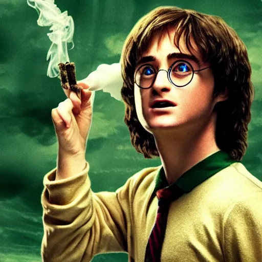 Image similar to harry potter smoking weed, cinematic, 4 k, highly detailed, film footage, film screencap