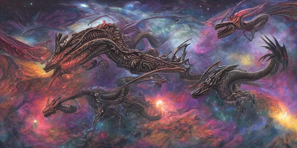 Prompt: alien dragons flying through outer space, epic nebula, asteroid belt, gothic castle, dan seagrave art