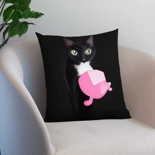 Prompt: Black skinny cat with dark green eyes sleeping on a pink gaming chair on a sakura pillow