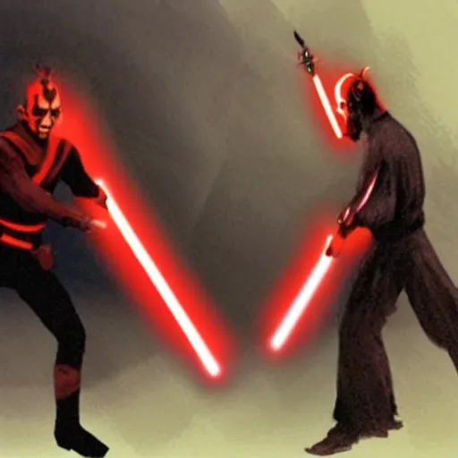 Image similar to concept art of darth maul fighting luke skywalker