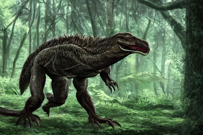 Image similar to highly detailed photograph of a oil velociraptor!! in the forest, featured on pixiv