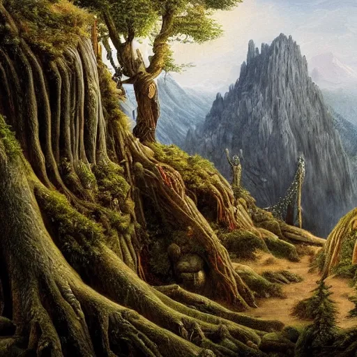 Image similar to a beautiful and highly detailed oil painting of an elven temple in the mountains, detailed trees and cliffs, intricate details, epic scale, insanely complex, 8 k, sharp focus, hyper realism, by caspar friedrich,