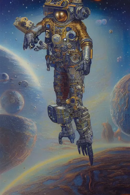 Prompt: space privateer of the reach, painted by james c. christensen and robert mccall, trending on artstation, soft illumination microscopic view abstract illusionism, in the silver hour, bokeh, avant - garde