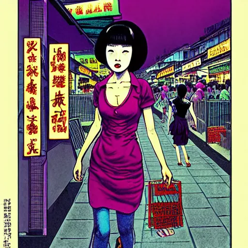 Prompt: glossy old advertising poster, young woman walking through crowded hong kong street, vendors, zombies, horror, drawn comic by junji ito, pastels, gradient