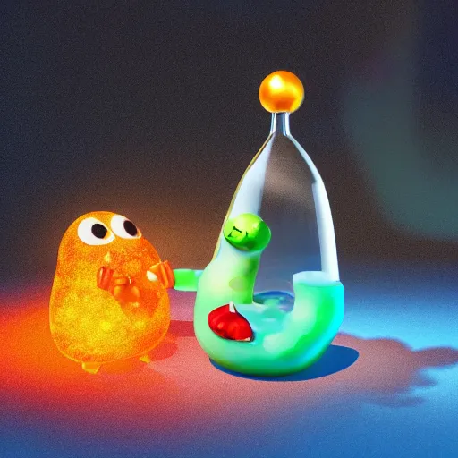 Prompt: single lava lamp with a gelatinous cute happy creature positioned inside, playful, globules, 8 k, render by pixar