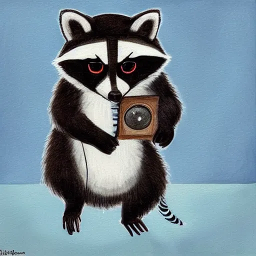 Prompt: a raccoon painting a picture of himself, anime, kawaii