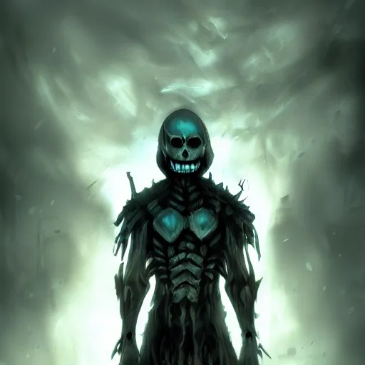 Image similar to photorealistic dark fantasy concept art of nightmare sans with his eye glowing, dynamic lighting, stunning visuals, ray tracing, beautiful scenery, cinematic, full body portrait, ultra detailed, hyper detail, stunning detail