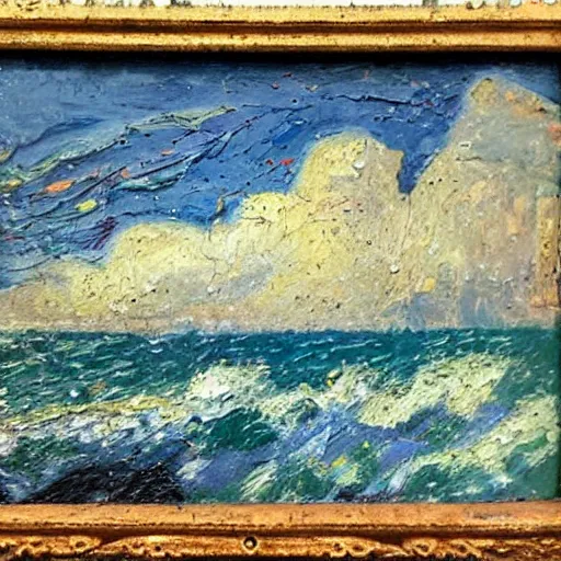 Prompt: oil paint impasto relief, beautiful italian beach scene, rough sea, multi layered thick brush marks, some splattered paint, in the style of ivan shishkin and frank auerbach and van gogh and signac