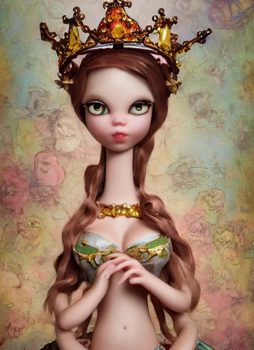 Image similar to closeup face profile portrait of tin toy fairytale princess wearing a crown, bikini, depth of field, zeiss lens, detailed, symmetrical, centered, fashion photoshoot, by nicoletta ceccoli, mark ryden, lostfish, breathtaking, 8 k resolution, extremely detailed, beautiful, establishing shot, artistic, hyperrealistic, octane render