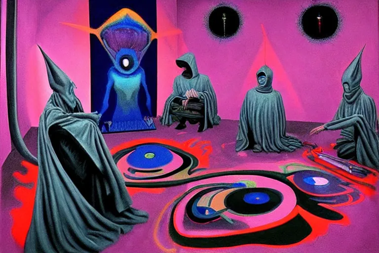 Image similar to a masterpiece painting in the laboratory of a technomancer wizard, in dazzle camouflaged robes, pointed hood, discussing sentience with his al djinn by remedios varo and anato finnstark and greg rutkowski and andy warhol and francis picabia. dayglo pink and blue, prismatic, pearlescent, raven black, glowing, hyperrealism, trending on artstation