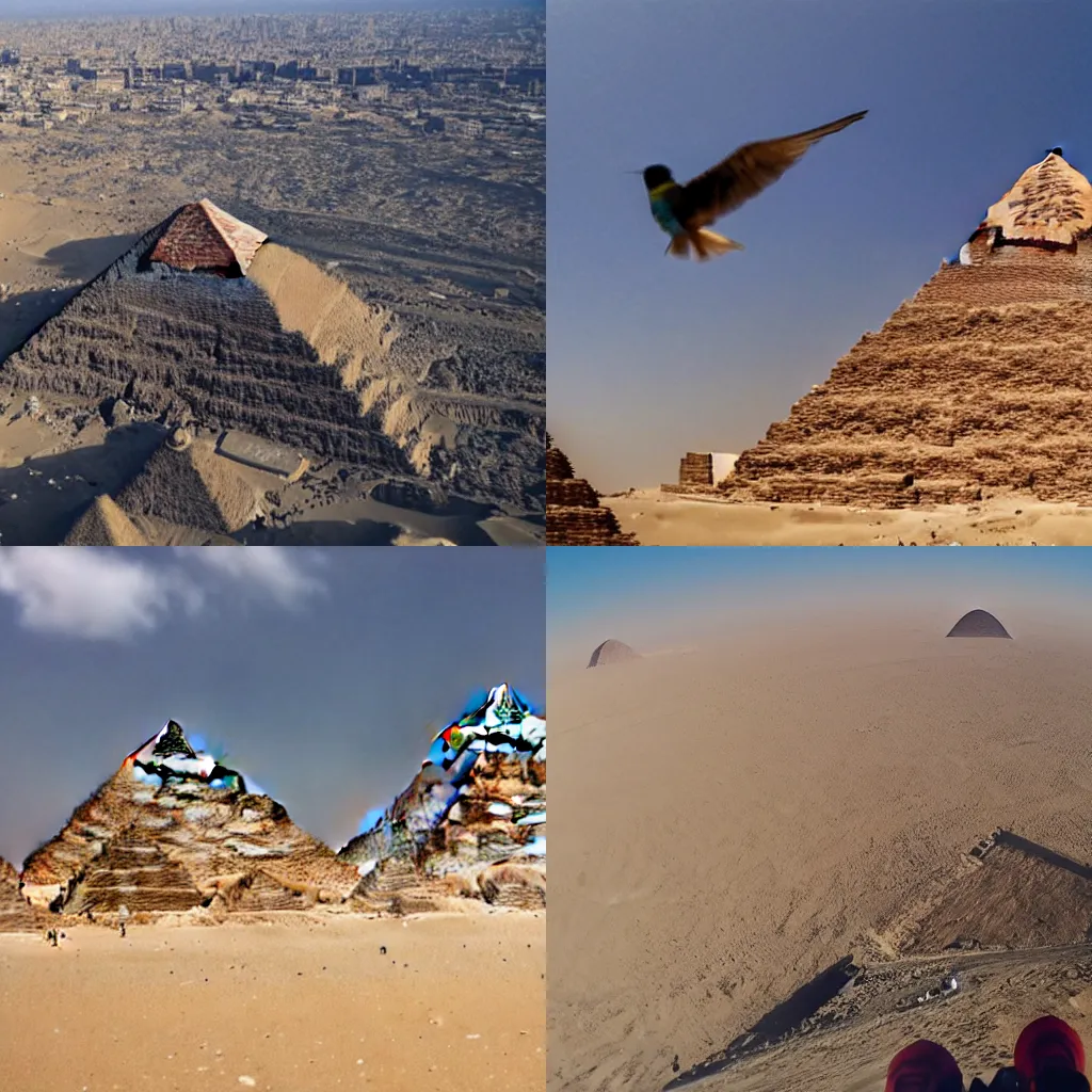 Prompt: Image from a GoPro attached to a bird, flying over the Pyramids of Giza