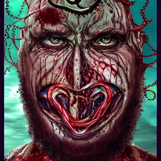 Prompt: ramzan kadyrov became cringe bloody ugly lovecraftian degenerate abomination, photo - realistic, color image, 2 k, highly detailed, bodyhorror, occult art