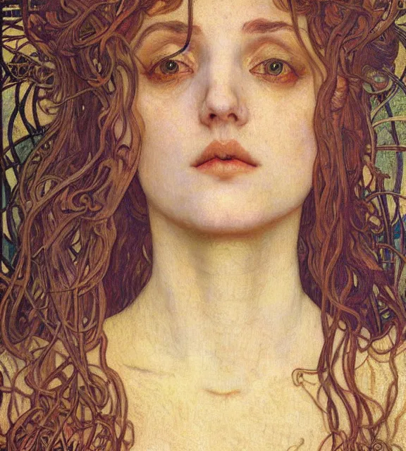 Image similar to detailed realistic beautiful young medieval queen face portrait by jean delville, alphonse mucha, vincent van gogh, and marco mazzoni, art nouveau, symbolist, visionary, gothic, pre - raphaelite