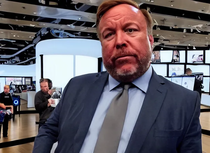 Prompt: dslr photo still of infowars host alex jones in a blue suit fat grey beard and mustache!!! depressed!!! in an!!! apple store trying to get his phone deleted!!!, 5 2 mm f 1. 8