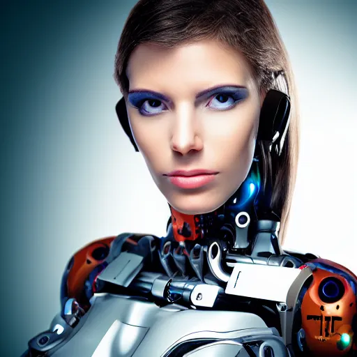 Prompt: photo portrait of a. beautiful female cyborg