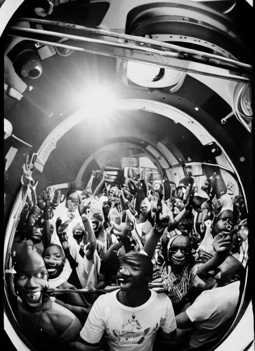 Prompt: analogue photo of an African tribal DJ and happy crowd on a spaceship, view of planet earth in porthole window, wide angle, photography by Martha Cooper