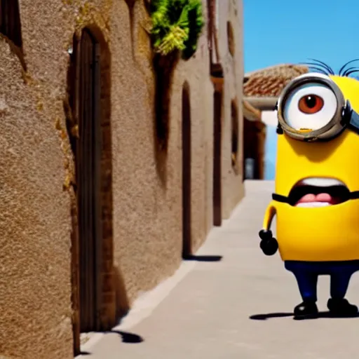 Prompt: super cute minion walking on a sunny Andalusian village, movie still, 4k