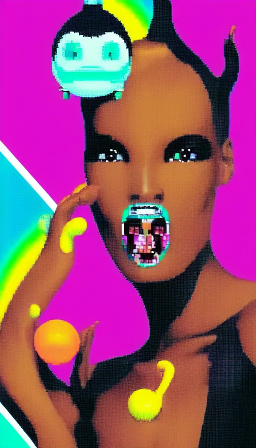 Image similar to beautiful still from retro snes arcade game featuring grace jones feeding her bioenhanced tamagotchi child, hyperreal detailed facial features and uv lighting, retro nintendo bitmap pixel art