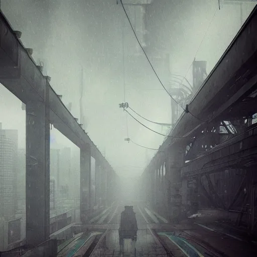 Image similar to raining dark smog wide angle shot dieselpunk dystopia makoto shinkai corrogated steel overhead walkway