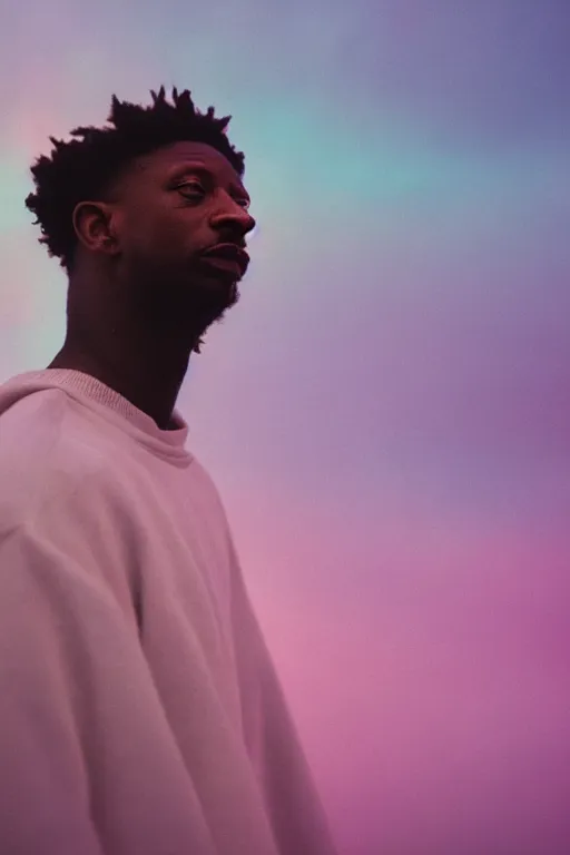 Image similar to high quality pastel coloured film close up wide angle photograph of 2 1 savage wearing clothing resting on cloud furniture in a icelandic black rock!! environment in a partially haze filled dreamstate world. three point light, rainbow. photographic production. art directed. pastel colours. volumetric clouds. pastel gradient overlay. waves glitch artefacts. extreme facial clarity. 8 k. filmic.