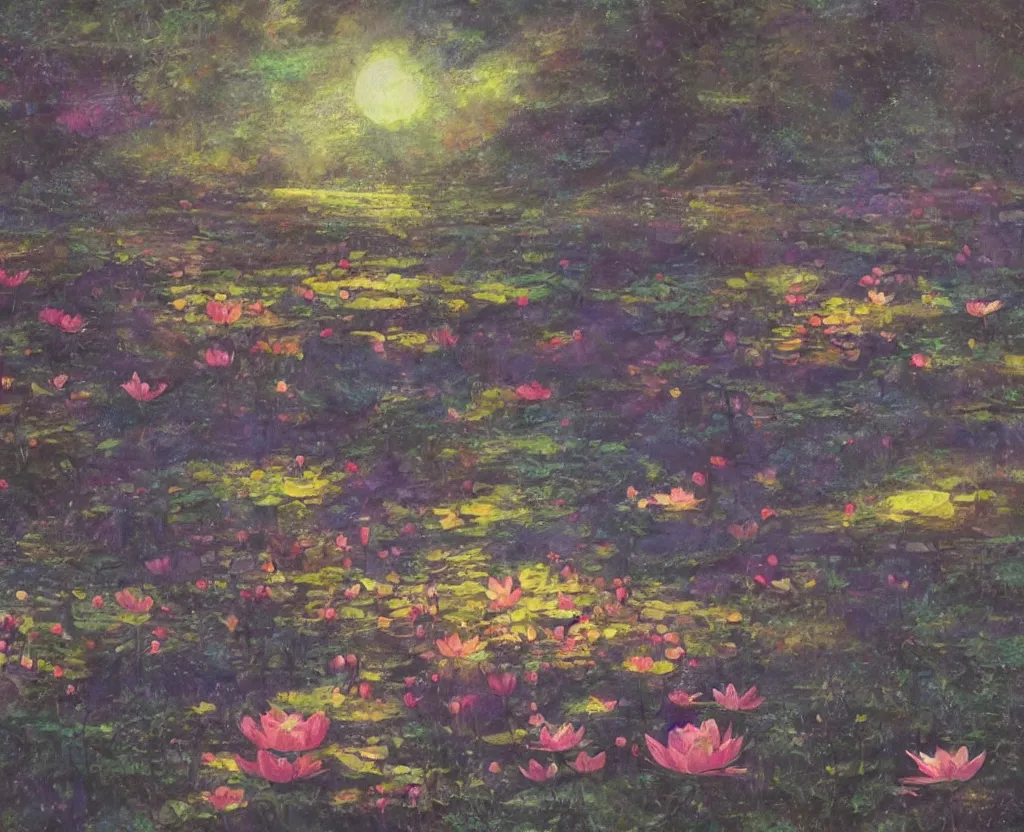 Prompt: a landscape pastel in the style of noriyoshi ohrai of a field of lotus flowers, glowing with iridescent mana, night time early dawn. key art. 4 k retrofuturistic fantasy