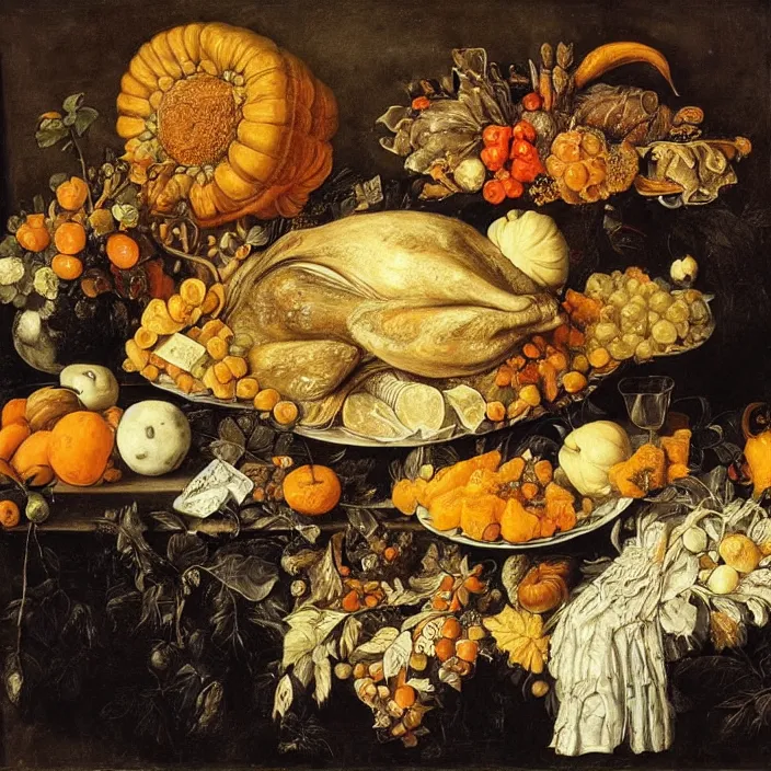 Prompt: victorian thanksgiving feast, fruit and vegetables, black background, vanitas, still life by giuseppe arcimboldo and pieter claesz, a flemish baroque by jan davidsz. de heem and jan van kessel the younger, dutch golden age, pinterest, rococo, hd, intricate high detail masterpiece