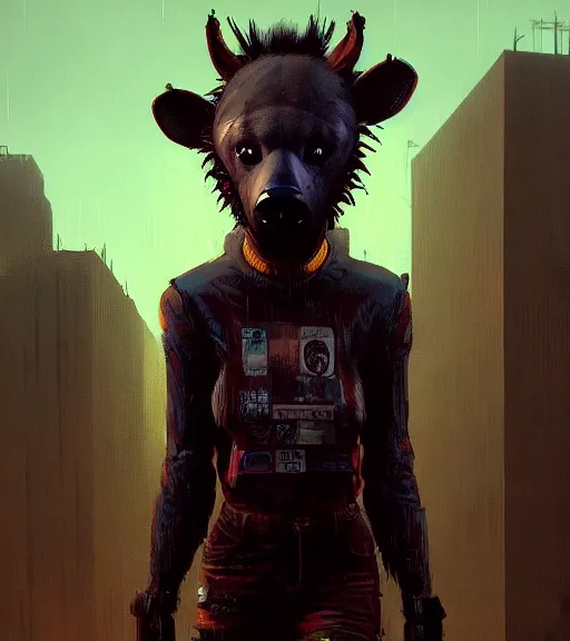 Image similar to new york city portrait of furry anthro anthropomorphic spotted hyena head animal person fursona wearing clothes strange cybernetic muzzle gloomy rainy screenshot from the video game cyberpunk 2077 digital art by Greg Rutkowski, Simon Stalenhag, christopher nolan trending on Artstation, CGSociety