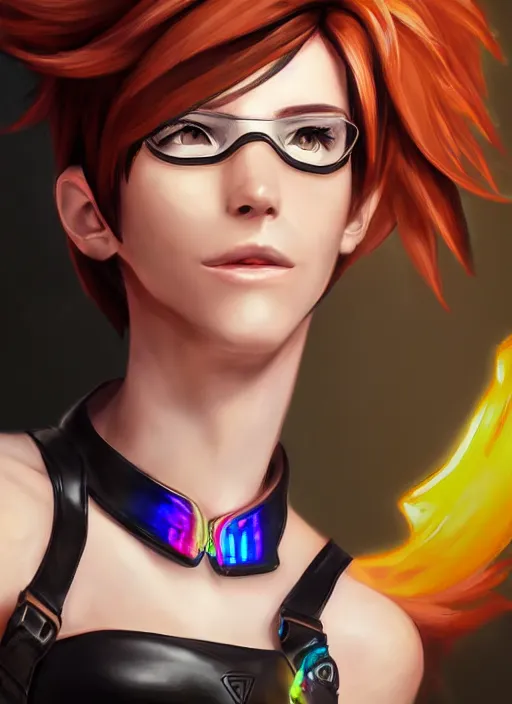 Image similar to portrait bust digital artwork of tracer overwatch, wearing black iridescent rainbow latex tank top, 4 k, expressive happy smug expression, makeup, in style of mark arian, angel wings, wearing detailed black leather collar, chains, black leather harness, detailed face and eyes,