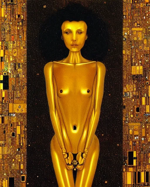 Image similar to Golden Portrait of a Robot from queen by Gustav Klimt, cyberpunk noir, baroque elements, intricate artwork by caravaggio, aesthetic, intricate, highly detailed, masterpiece