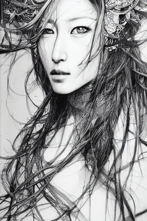 Prompt: portrait of dichen lachman , pen and ink, intricate line drawings, by Yoshitaka Amano, Ruan Jia, Kentaro Miura, Artgerm