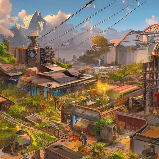 Prompt: advanced power source with power lines from apex legends in a pleasant urban setting surrounded by families, art station, ultra hd, soft light, overhead sun, ultra hd, art station