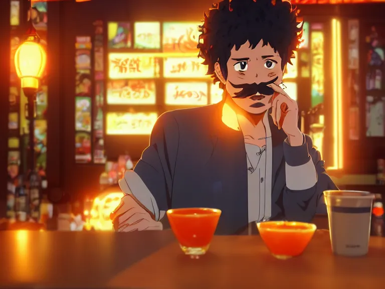 Image similar to close - up anime still of ( ( charming!!!!! latino middle - aged anime protagonist with curly afro and moustache!!! tilting his head charmingly ) late night in an anime bar, cozy lights, detailed orange atmosphere. cinematic rim lighting, global illumination, trending on artstation, hypdertailed, perfect shading, dreamy, masterpiece