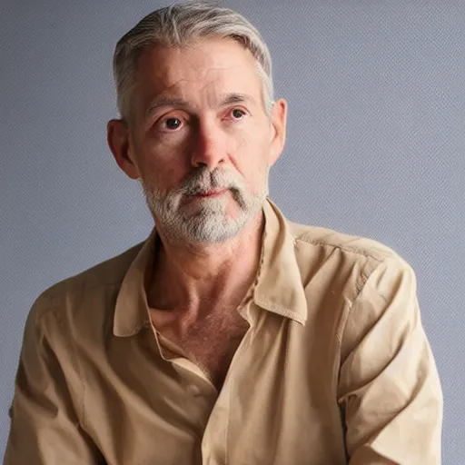 Image similar to full body artistic photo of steve, mature male, wise face. he is a doctor. he is sitting gracefully on a sofa, elegant tight beige shirt. he has enormous belly