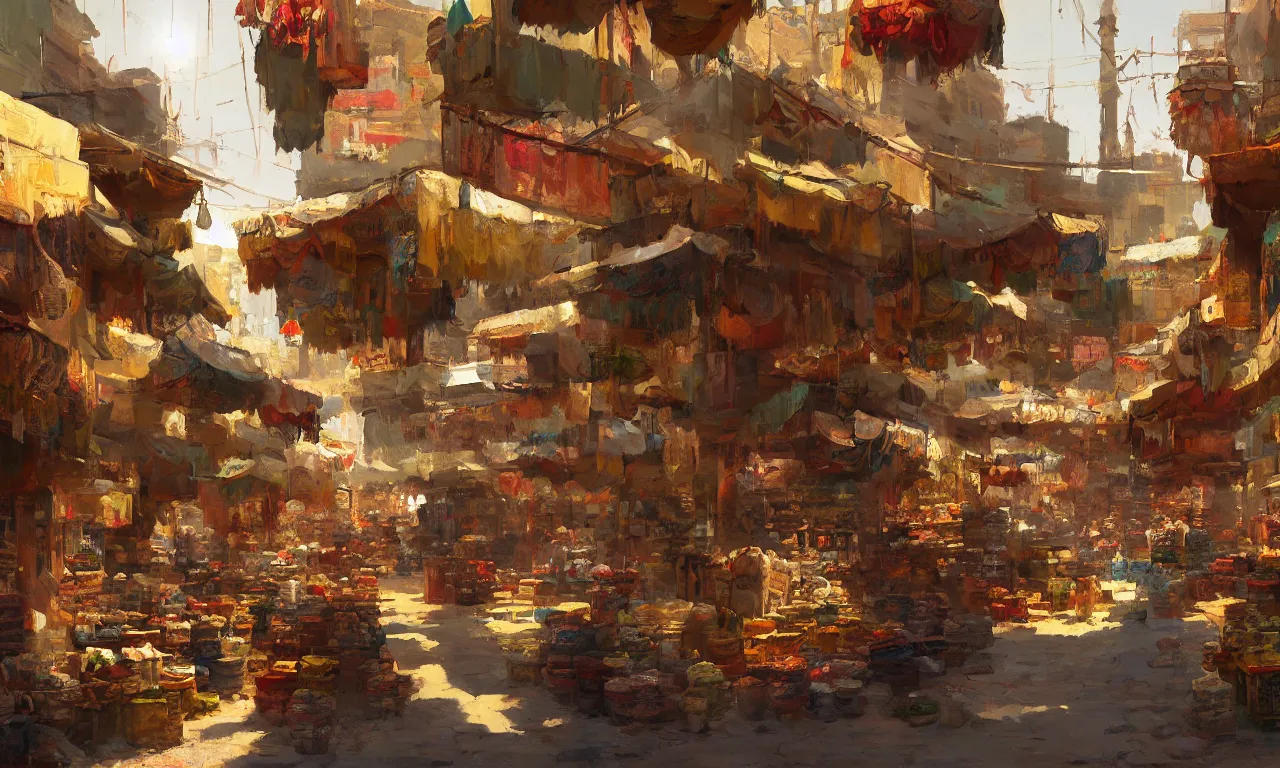 Image similar to Painting of a middle eastern street market, circa 1600s, concept art in the style of Craig Mullins, sunlit, 4k