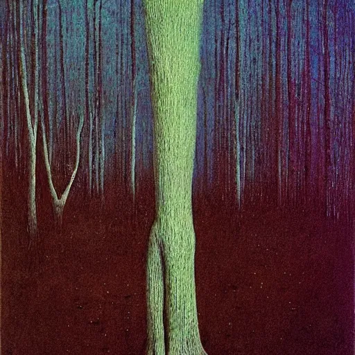 Image similar to “ tall figure in the woods, beksinski, dark ”