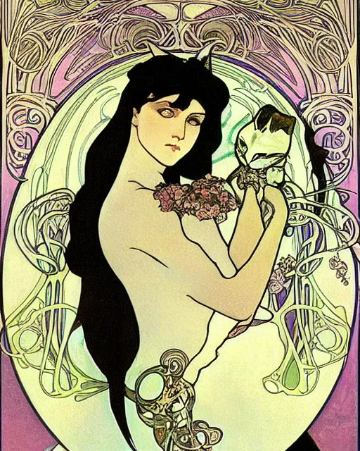 Image similar to art nouveau portrait of a cat, alphonse mucha, kay nielsen, studio ghibli, painterly