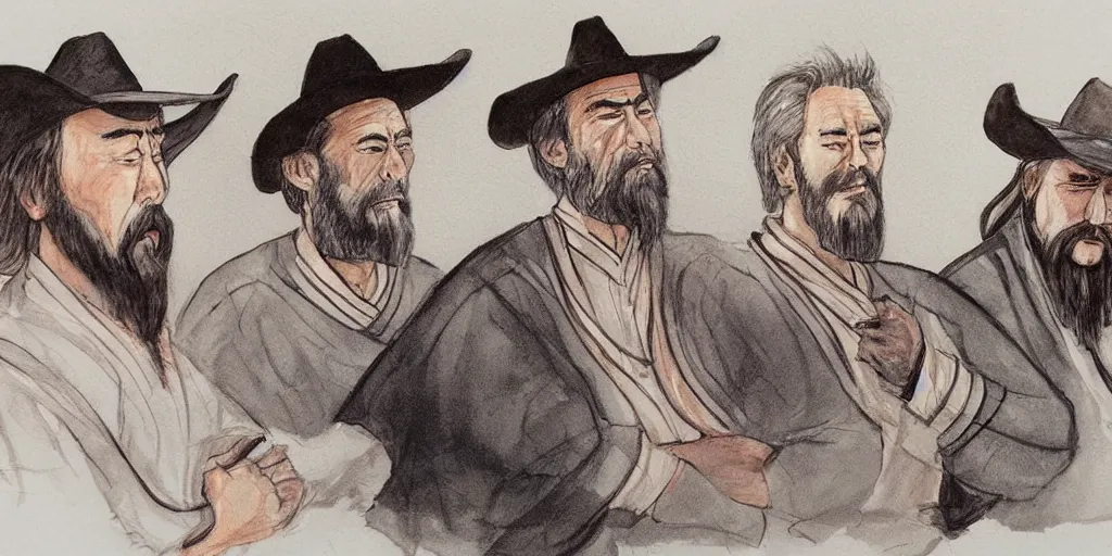 Prompt: Confucius and jury trial, a few cowboys in the american courtroom sketch by Christine Cornell by Batton Lash by John M. Downs by Leo Hershfield, judge with face of clint eastwood, concept art