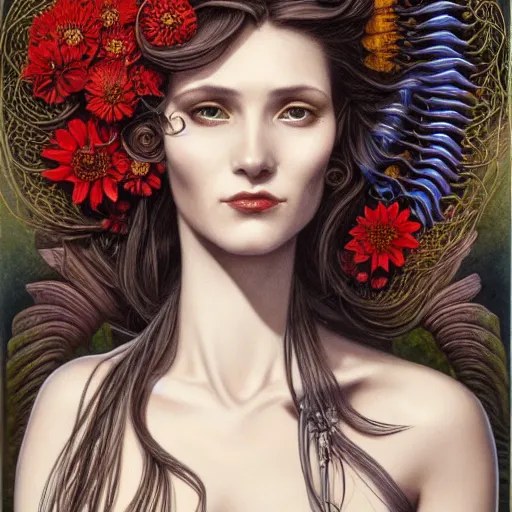 Image similar to facial portrait of a young pretty woman in flowing dress, arrogant, mysterious, long fine flowing hair, delicate, looking at camera, slightly awkward smile, realistic face, hands behind back, stylish, elegant, grimdark fantasy, flowers, extremely detailed painting inspired by Gerald Brom and Ernst Haeckel and Kaluta