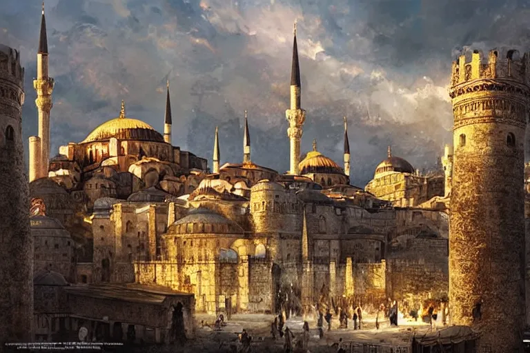 Prompt: medieval istanbul with ottoman people, scenery landscape, lord of the rings,, rule of thirds, highly detailed, perfect lighting, perfect composition, 4 k, artgerm, derek zabrocki, greg rutkowski