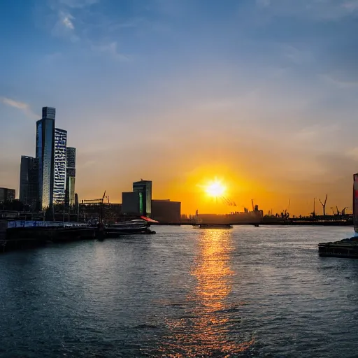 Prompt: award winning photograph of sunrise over rotterdam