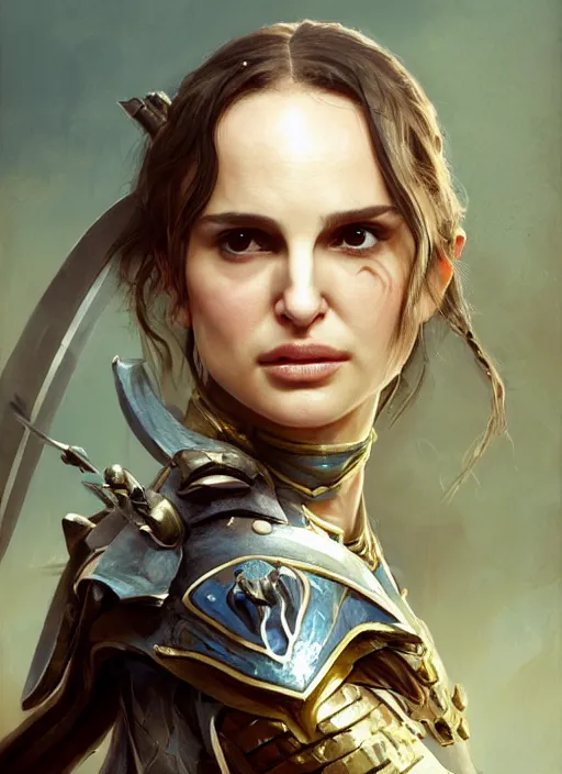 Image similar to young natalie portman, legendary warrior, warframe, lord of the rings, tattoos, decorative ornaments, battle armor, carl spitzweg, ismail inceoglu, vdragan bibin, hans thoma, greg rutkowski, alexandros pyromallis, cute, perfect face, detailed, sharply focused, centered, rule of thirds, photorealistic shading