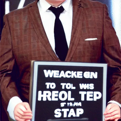 Image similar to Andy Richter is wearing a chocolate brown suit and necktie, holding a sign that reads Stop making these images of me of I WILL tell Conan!! Andy has a stern look on his face