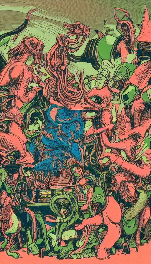 Image similar to a xenomorphic pink and green cyborg elephant playing piano in the middle of a liminal satanic landscape, a crowd of blue necromancers watching the show