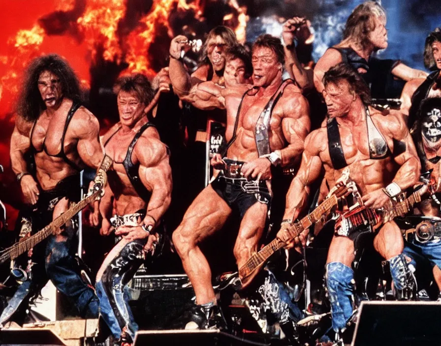 Prompt: colour photo off arnold schwarzenegger, sylvester stallone, dolph lundgren, Chuck Norris and Jean-Claude Van Damme in a heavy metal band, playing guitars, guitar solo, drums, on stage at monsters of rock 1992, massive amplifiers, pyrotechnics, smoke, vivid colors, daylight, photo real, 28mm, press photographs, wide view, Eastman EXR 50D 5245/7245