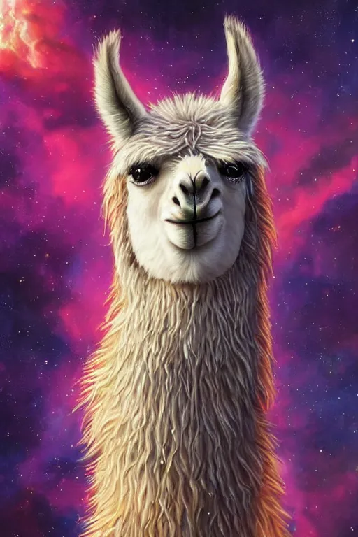 Image similar to beautiful oil painting with high detail of a llama made of stars and plasma, hybrid from dungeons and dragons and art direction by James Cameron ;by artgerm; wayne reynolds art station; cinematic quality character render; low angle; ultra high quality model; production quality cinema model, daily deviation, masterpiece anthro art, llama