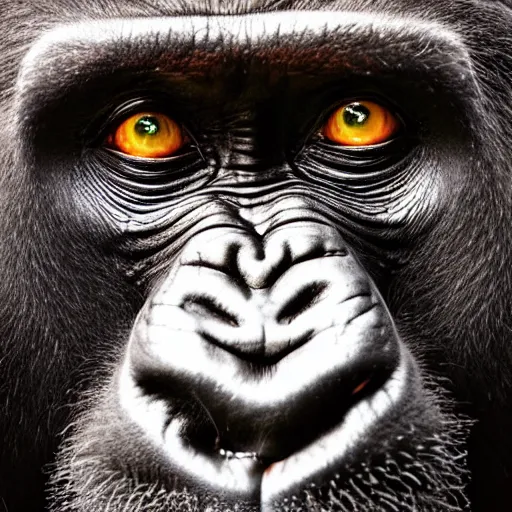 Image similar to portrait of a gorilla with fireworks reflected in its eyes