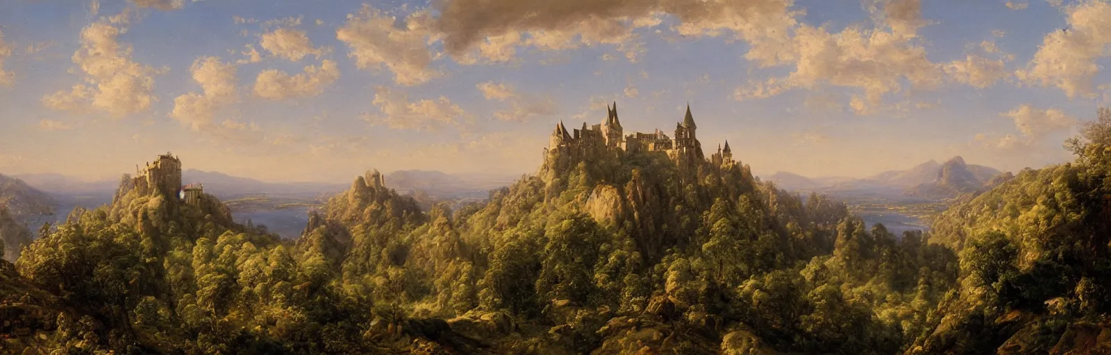 Image similar to a painting of a castle on top of a mountain, a matte painting by Charles Cundall,hudson river school, matte painting, rococo, detailed painting