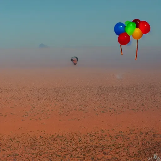 Image similar to floating rainbow colored party balloons above the desert, photography, high resolution 8 k, 3 5 mm lens,