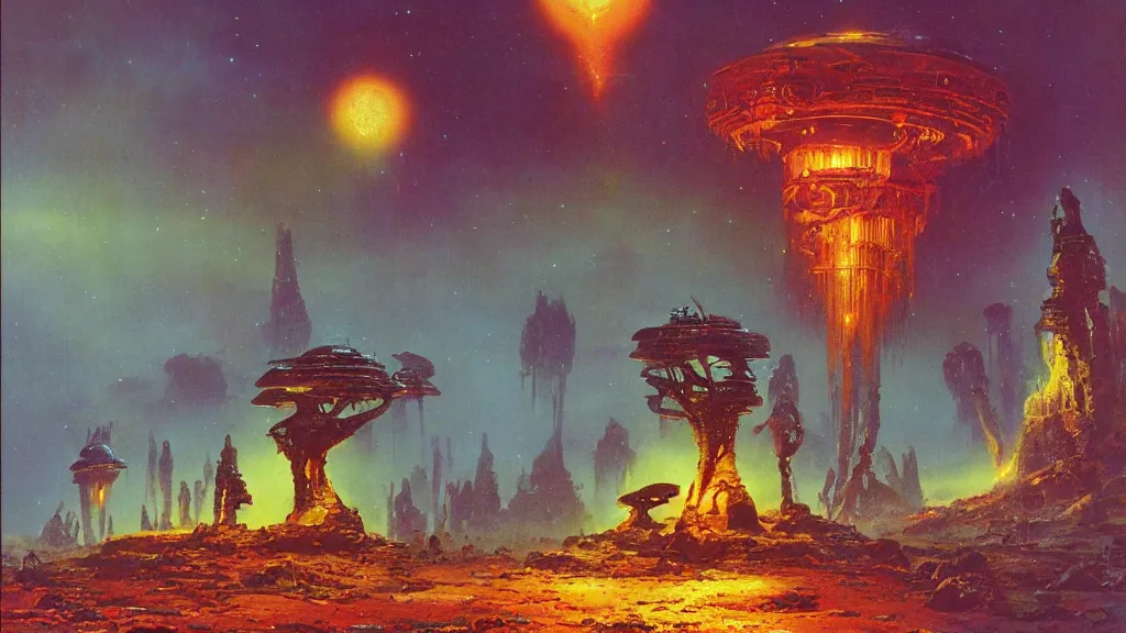 Image similar to ancient alien relics on a strange eerie alien planet by Paul Lehr and Bruce Pennington